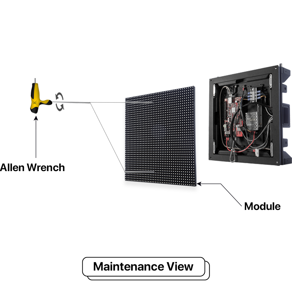 LED Sign City four by seven inch LED sign, Maintenance view, Automatic sensors for brightness and temperature, up to 10000 nits, digital signage market, bar signs