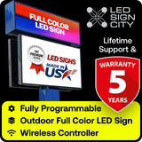 Products LED Sign City 16’ x 1’ LED sign, 3 Resolution Options, Brightness up to 10000 nits, Fully Programmable, Wireless Control System, Automatic sensors for brightness and temperature, Single and Double-sided display visibility