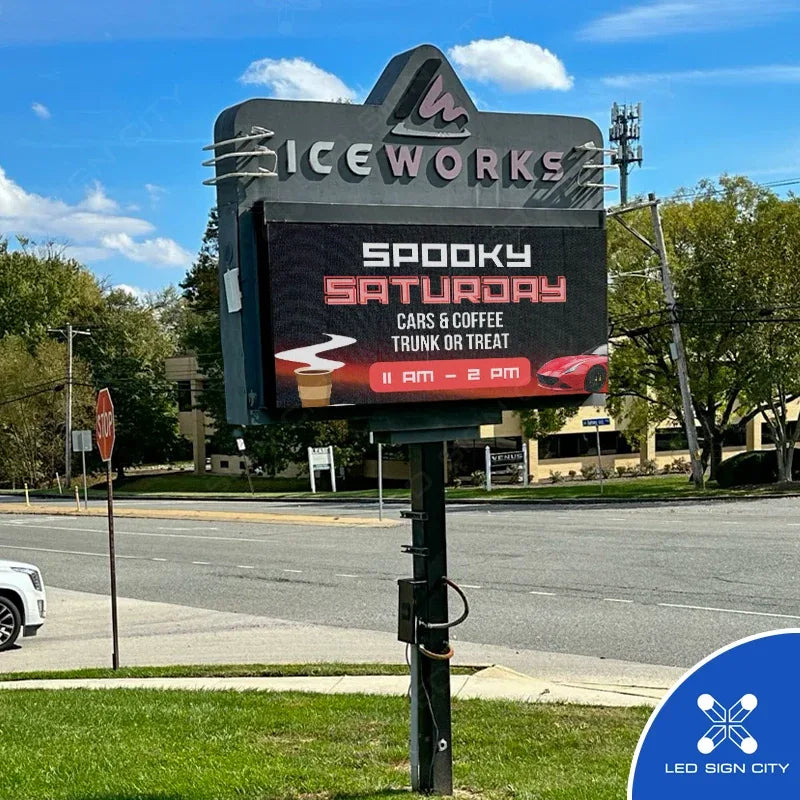 IceWorks Skating Complex LED sign showing a scheduled full-colour ad